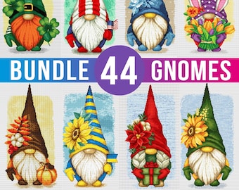 Bundle of 44 Gnomes cross-stitch patterns, hand embroidery designs, counted cross-stitch chart, PDF embroidery file