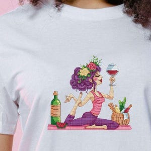 Yoga & wine cross stitch pattern, meditation Girl x-stitch, zen PDF, asana digital file