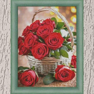 Basket with roses cross-stitch pattern, Summer bouquet flowers PDF file, Bouquet of red roses modern x-stitch design