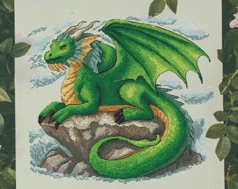 Dragon on rock cross stitch pattern, green mystical beast x-stitch design, fantasy animal