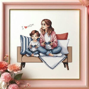 Mother and son cross stitch pattern, family x-stitch, Mother's day gift digital file, mom & child PDF, console gamers