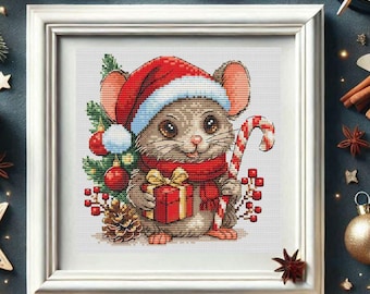 Christmas mouse with gift & candy cane cross stitch pattern