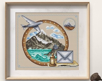 Travel cross stitch pattern, wanderlust x-stitch design, adventures digital PDF pattern