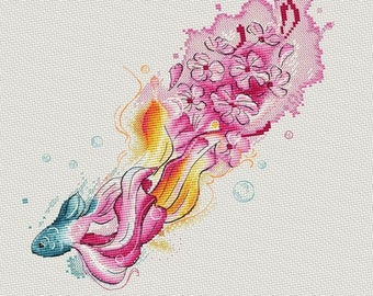 Motif de point de croix de poissons koi, motif floral de point de croix aquarelle de poisson, point de croix compté moderne