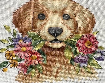 Puppy with flowers cross-stitch pattern, dog x-stitch, golden retriever needlework chart PDF file