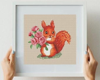 Eichhörnchen mit Blumenstrauß Kreuzstichmuster, Rotschopf x-Stich, Muttertag Design pdf