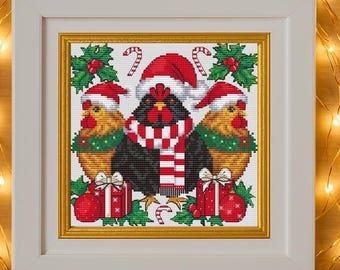 Patrón de punto de cruz de pollo navideño, diseño de punto de cruz de pájaros navideños
