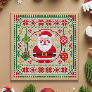Santa cross stitch pattern, Christmas simple sampler xstitch design