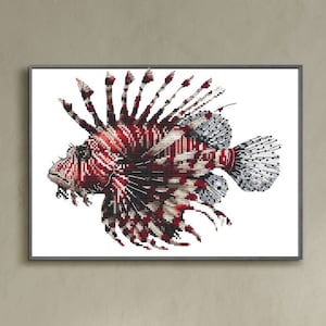 Lionfish cross stitch pattern, ocean tropical fish x-stitch pdf download, red unique fish digital design, deep sea fish counted cross stitch