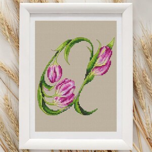 Letter A cross stitch pattern, floral font x-stitch, alphabet design pdf
