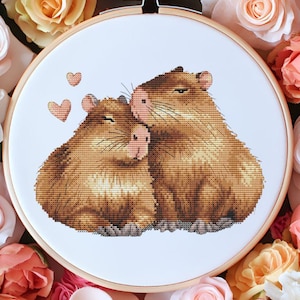 Capybaras Couple cross stitch pattern, Capybara in Love x-stitch design, Valentine&#39;s Day gift pdf digital file