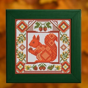 Squirrel cross stitch pattern, Forest animal x-stitch, autumn primitive sampler, simple orange geometric ornament