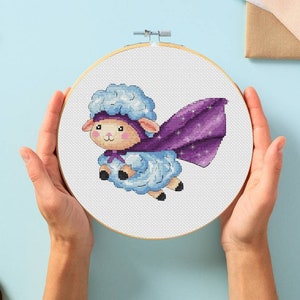 Superhero sheep cross stitch pattern, lamb in hero&#39;s cape needlepoint design, easy nursery decor DIY counted x-stitch, funny animal