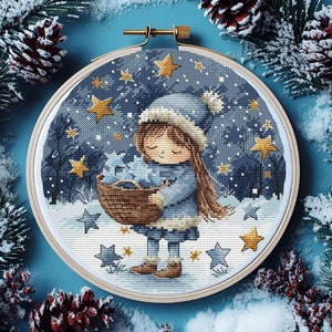 Weihnachten Mädchen mit Sternen Kreuzstichmuster, Weihnachten DIY Winter Geschenk Postkarte x-Stich, Weihnachtsgeschenk PDF-Sticker