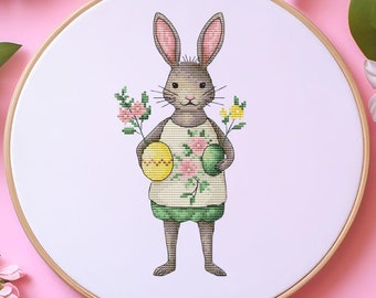 Lapin de Pâques avec des oeufs peints motif de point de croix, lapin de Pâques x-stitch, décoration murale printemps bricolage, cadeau de Pâques décoration maison fichier numérique PDF