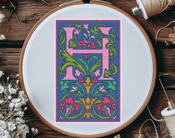 Letter H cross stitch pattern, botanical monogram H x-stitch pdf download, modern initial design, alphabet counted cross stitch, abc font