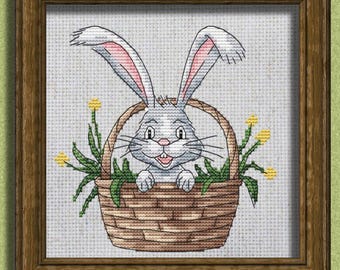 Lapin de Pâques dans un panier de fleurs, motif point de croix, cadeaux de Pâques, fichiers PDF de décoration intérieure, lapin de Pâques au point de croix, décoration murale printanière à faire soi-même