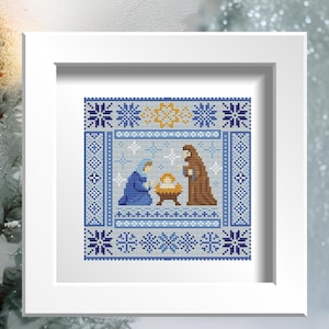Può includere: Un punto croce incorniciato raffigurante la scena della Natività. L'opera presenta Maria in blu, Giuseppe in marrone e il bambino Gesù in una mangiatoia. Il disegno è incorniciato da un bordo di fiocchi di neve blu e bianchi, su sfondo grigio chiaro.