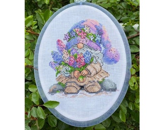 Gnome with hyacinth cross stitch pattern, spring gnome x-stitch pdf, dwarf with flowers design, cute garden gnome counted cross stitch