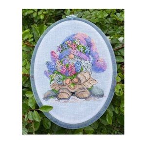 Gnome with hyacinth cross stitch pattern, spring gnome x-stitch pdf, dwarf with flowers design, cute garden gnome counted cross stitch