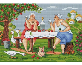 Country Picnic cross stitch pattern, friendly dinner x-stitch, summer evening PDF design