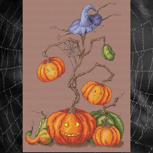 Cute pumpkins cross-stitch pattern, Pumpkin and magic hat x-stitch, Jack O Lantern design, Halloween Crafts PDF file