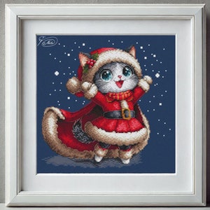 Motif de point de croix chat de Noël, père Noël gris au point de croix, décoration murale hiver bricolage, fichier numérique carte postale de Noël, cadeau pour amoureux des chats PDF