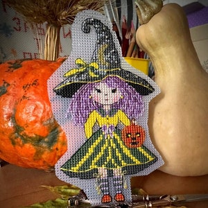 Cute witch cross-stitch pattern, girl & Halloween pumpkin cross stitch, Halloween Crafts PDF file, witch in hat modern x-stitch design.