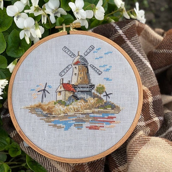 Windmill cross-stitch pattern, Netherlands x-stitch design, DIY Holland wall art, Dutch motif