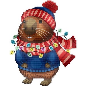 Capivara com guirlanda padrão de ponto cruz, design de ponto cruz de capivara de Natal, cartão postal de inverno arquivo digital PDF de capivara, decoração de casa DIY de Natal