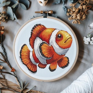 Clownfish cross stitch pattern, orange sea fish x-stitch pdf download, ocean animal digital pdf design, tropical fish counted cross stitch