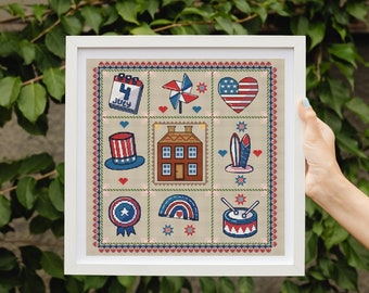 4th July cross stitch pattern, Independence Day USA x-stitch pdf, patriotic digital design sampler