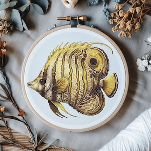 Butterflyfish cross stitch pattern, sea fish x-stitch pdf download, ocean reef fish digital pdf design, tropical fish counted cross stitch