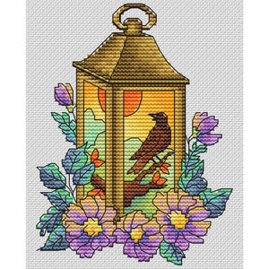 Bird in lantern cross-stitch pattern, spring flowers x-stitch design, dawn needlepoint file DIY