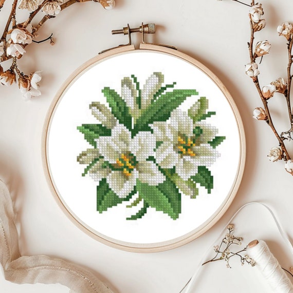 Lilies Cross-stitch Pattern, Spring Flower Bouquet X-stitch, DIY