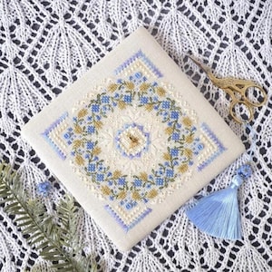 Vergeet-mij-nietje vierkante sampler kruissteekpatroon, blauwe bloemen x-stitch ontwerp digitaal, lente doe-het-zelf handwerk wanddecor, bloemenkaart