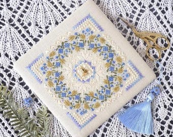 Forget-me-not square sampler cross stitch pattern, blue flowers x-stitch design digital, spring DIY needlework wall decor, floral chart