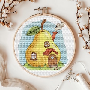Pear Fairy House cross stitch, yellow fruit cottage pattern