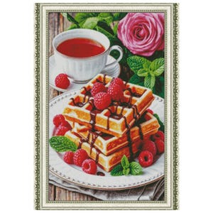 Waffles, chocolate and raspberries cross stitch pattern, summer dessert x-stitch, sweet food design, kitchen wall art digital DIY