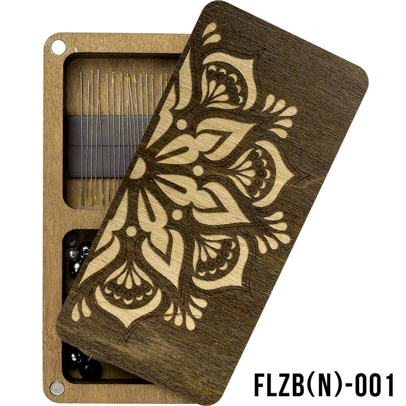 May include: A wooden box with a mandala design on the lid. The box is open and contains a variety of sewing needles and beads. The box is labeled "FLZB(N)-001".