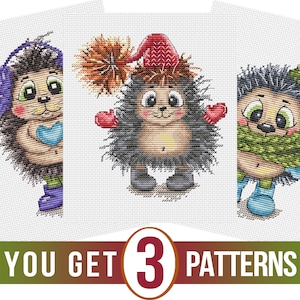 Set of 3 hedgehog cross stitch patterns, cute hedgehog embroidery, pdf design for DIY nursery decor