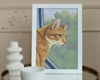 Patrón de punto de cruz de gato jengibre, gato rojo mirando por la ventana, diseño de mascotas