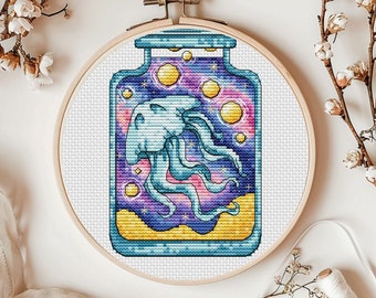 クラゲのクロスステッチパターンの即時PDFダウンロード - 花柄のクラゲ