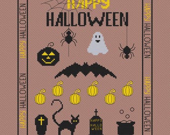 Halloween cross stitch pattern, witch kitchen attributes sampler counted cross stitch, pumpkin, black cat, ghost pdf design, spooky decor