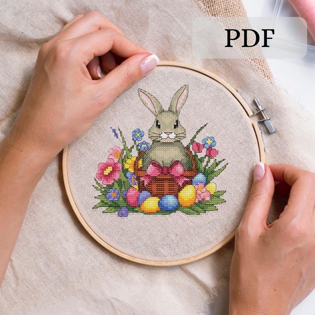 Easter Bunny in a Basket Cross Stitch Pattern, Painted Eggs X-stitch ...