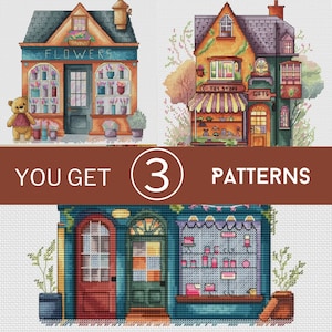Set of 3 houses cross-stitch pattern, cute house embroidery PDF digital, Hand Embroidery, Counted cross stitch,