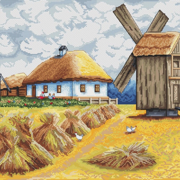 Ukrainian vintage rural landscape cross stitch pattern, village mill x-stitch pdf, countryside design, wheat harvest counted cross stitch