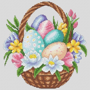 Easter basket with painted eggs x-stitch design, Easter gift home decor PDF file, Easter DIY wall decor, Easter eggs cross stitch pattern