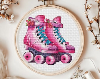 Roller skate cross-stitch pattern, Pink doll life embroidery, Let's go party design, Barbiecore Hand Embroidery, Counted cross stitch,