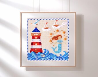 Mermaid, lighthouse, sailboats cross stitch pattern, seascape sampler x-stitch pdf, fantasy nautical counted cross stitch,kid's room wallart